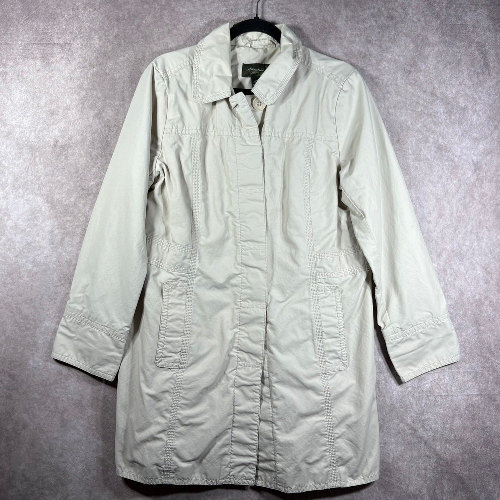 Eddie Bauer Jacket Coat Mens Large Tan Button Front Rain Utility Pockets Lined